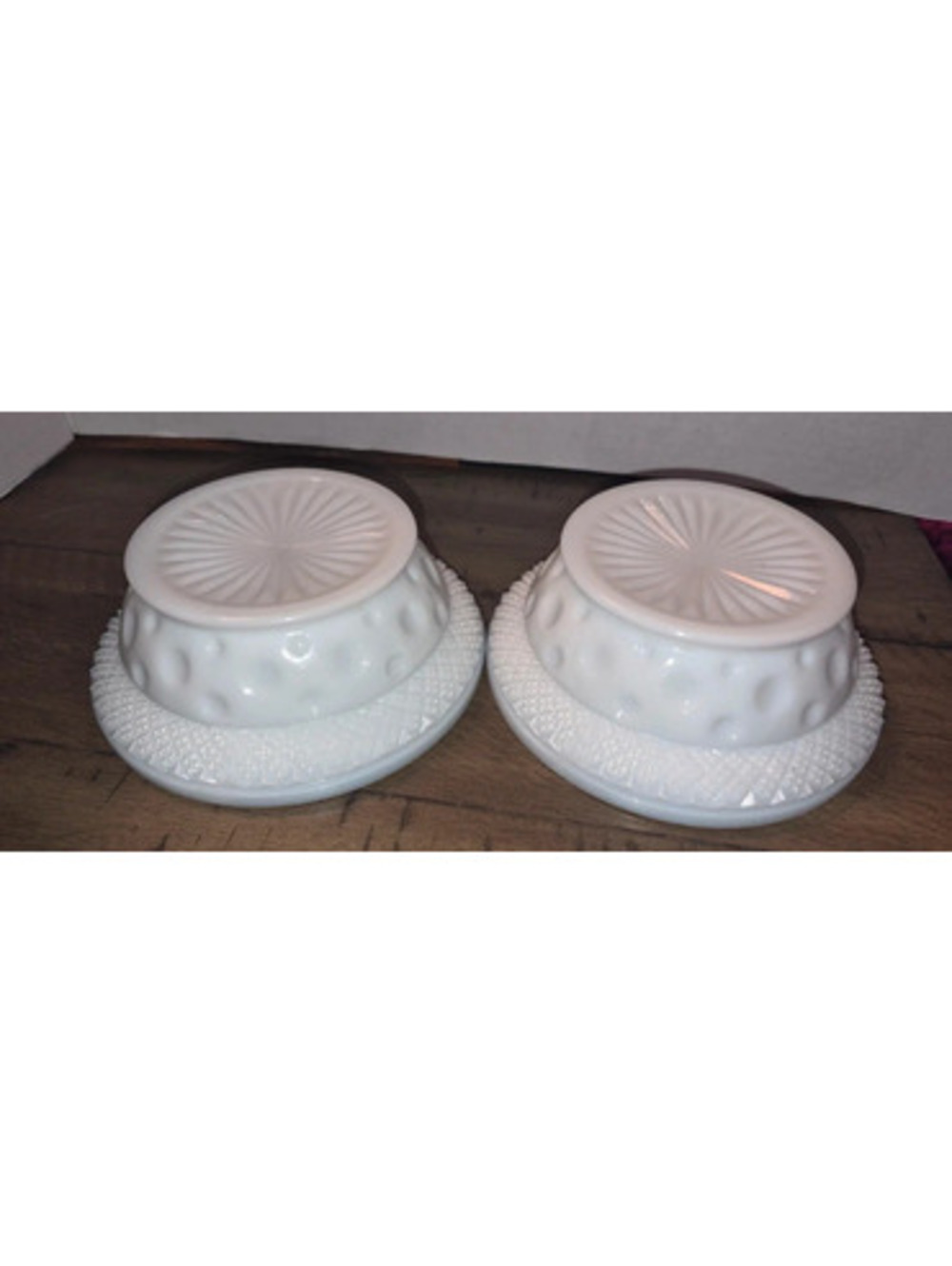 Milk Glass McKee Opal 5-3/8 Cereal Bowls Crosshatch VTG Diamond Thumbnail Dots